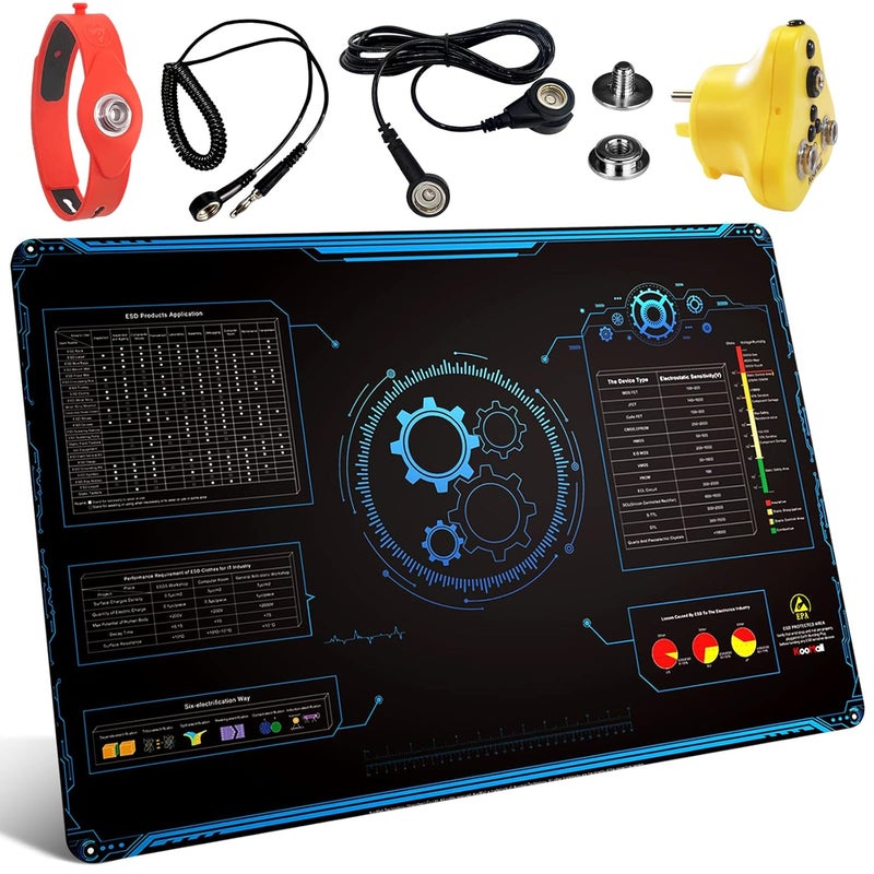 KooMall 36x24 Inch Anti Static Rubber Mat Kit for ESD Sensitive Electronic Device Repair, Soldering, PC Building, Assembly, Table Work, With Grounding Plug Cord, Antistatic Wrist Strap, Heat Resistant - Image 1
